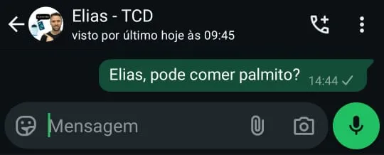 mensagem no whatsapp pro Elias: Elias, pode comer palmito?